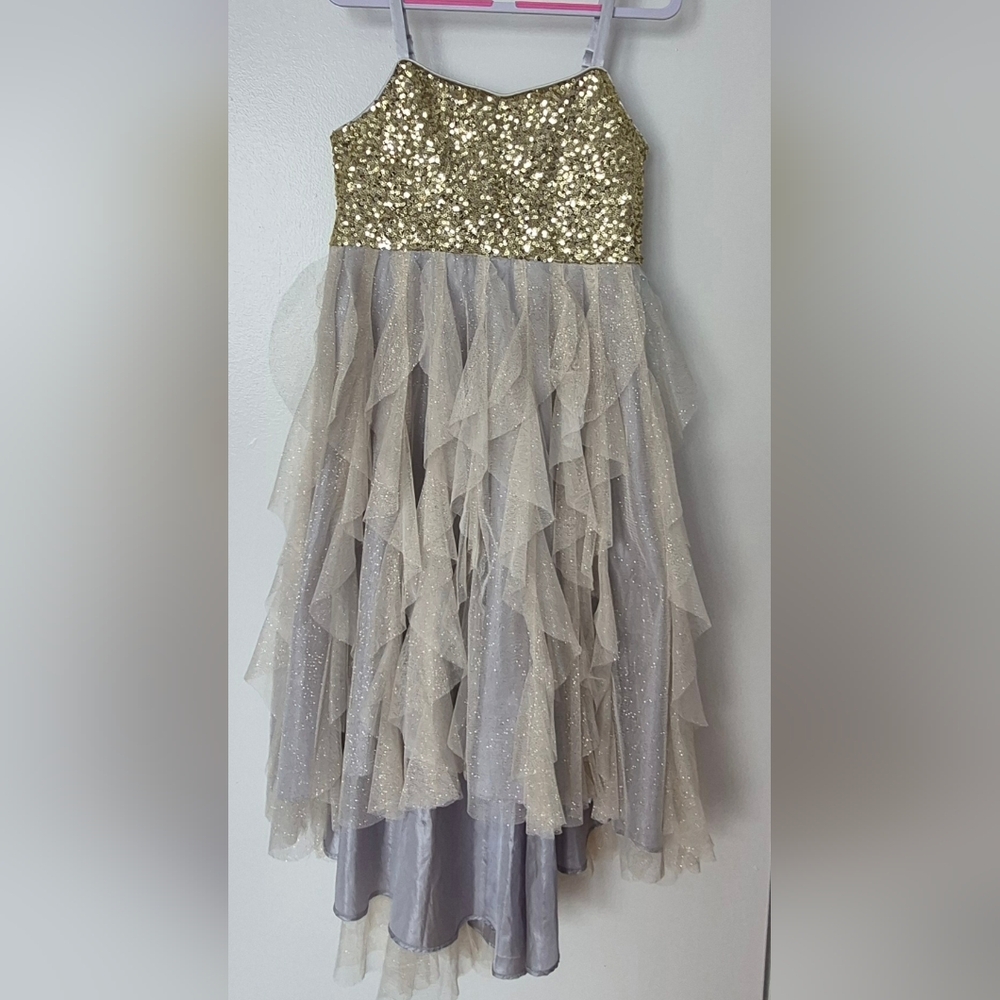 Girls Monsoon Gold Sequin Dress with Silver Accents